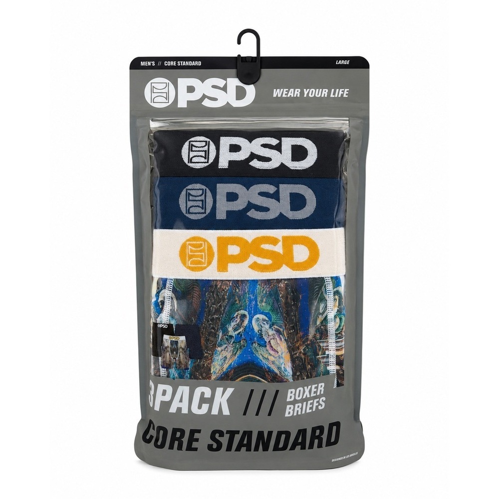 PSD Mens 3 Pack Boxer Briefs Core Standard Large Black Navy Graphic Print New